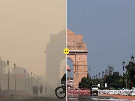 New Delihi’s India Gate war memorial on 17 October 2019 and on 8 April 2020. Photograph: Anushree Fadnavis/Adnan Abidi/Reuters