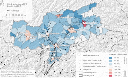 Tagespendlerzentren und maximale Pendlerströme in Südtirol 2011