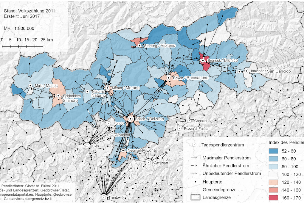 Tagespendlerzentren und maximale Pendlerströme in Südtirol 2011