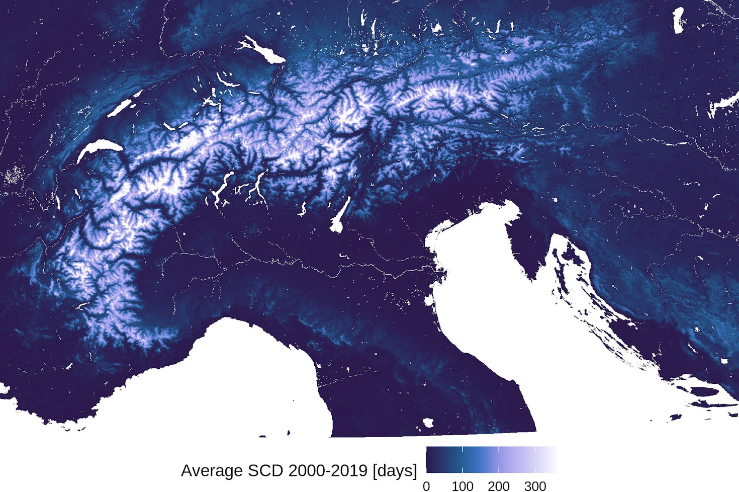 Copertura nevosa media 2000-2019 da dati satellitari