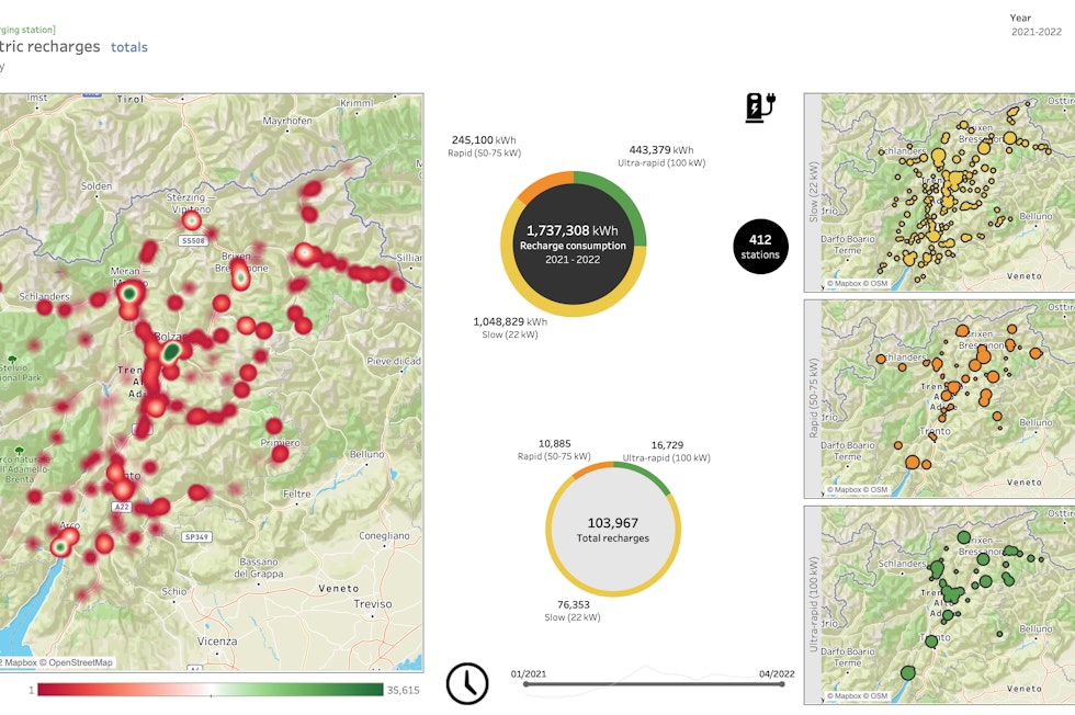 Map of total recharging for Neogy's electric charging stations installed in Trentino-South Tyrol