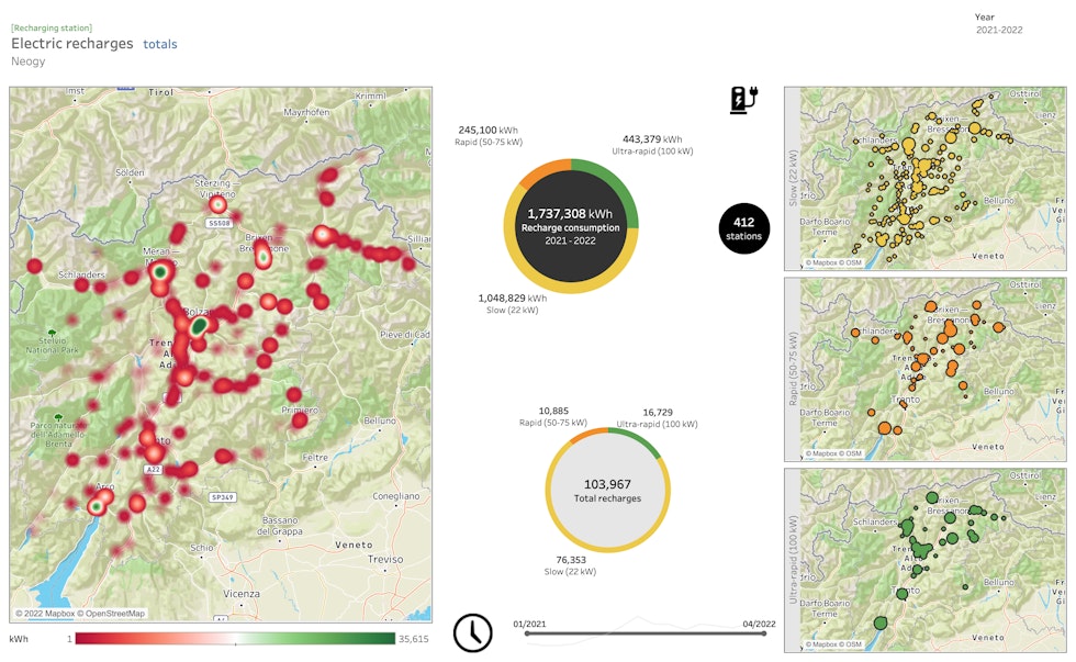 Map of total recharging for Neogy's electric charging stations installed in Trentino-South Tyrol
