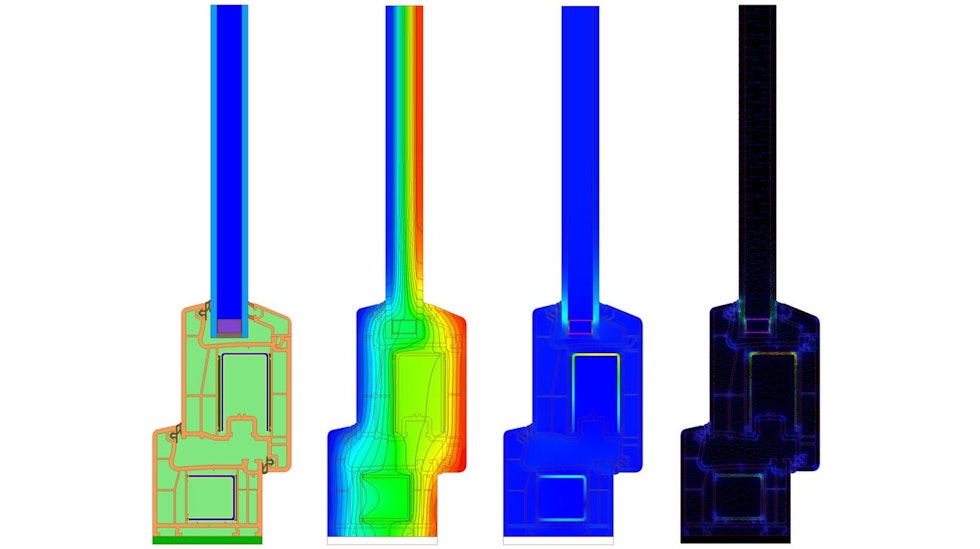 Esempio delle valutazioni delle performance termiche di un serramento in PVC. L’immagine mostra la geometria e i materiali che compongono il serramento, la distribuzione di temperature e le relative isoterme, ed i flussi termici