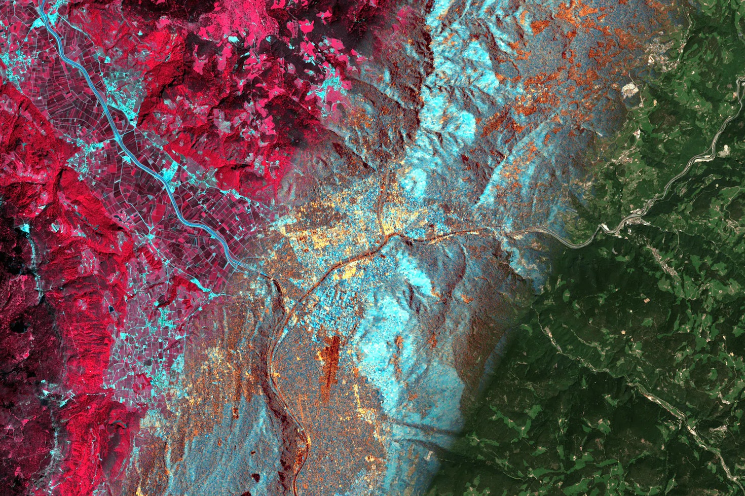 This image is view from the atmosphere of the city of Bolzano (Italy), created with a composition of data from two Copernicus satellite missions. The left part is a so-called "false color composite", using Sentinel-2 band 8 (near infrared), band 4 (red) and band 3 (green) for the EGB image channels. It is most commonly used to assess plant density and health. The central part is a color composition based on Sentinel-1 radar back-scatter of the two available polarizations, VV and VH. The right part is the classical RGB composite, using Sentinel-2 band 4 (red), band 3 (green) and band 2 (blue) for the RGB image channels. It resembles what our vision sees naturally and what we would see in a standard photo.