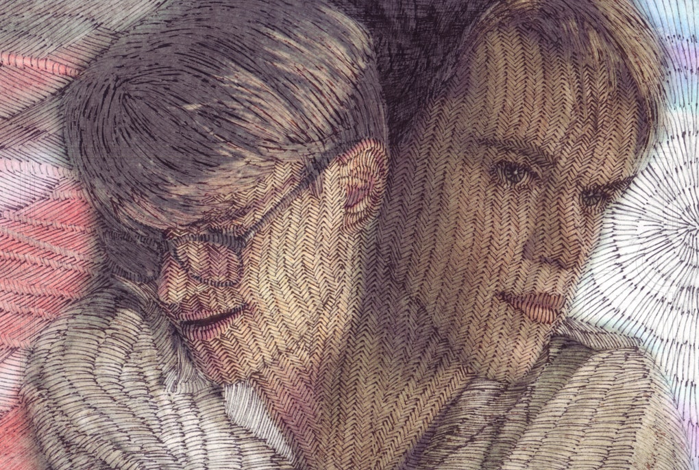 A drawing of the two faces of Tom Ripley from the movie "The Talented Mr Ripley" Scratch technique. Artist: Yoni Danziger