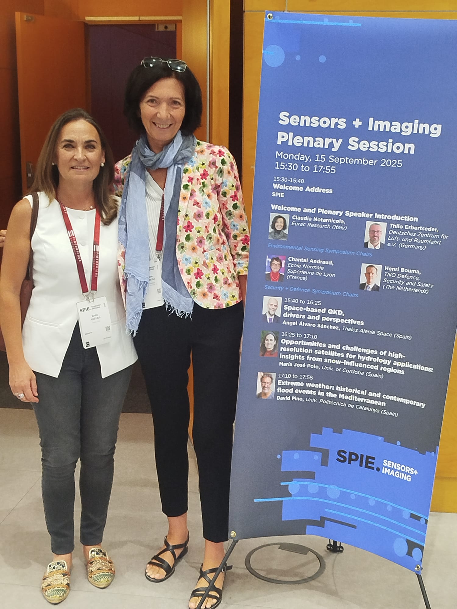 15.09.2025: attending SPIE Environmental Remote Sensing Symposium in Madrid (Spain). María José Polo ( University of Córdoba, Spain) and Claudia Notarnicola (Eurac Research, Italy), just few minutes before the start of the plenary session https://spie.org/spie-sensors-imaging/event/sensors-imaging-plenary-session/7101042