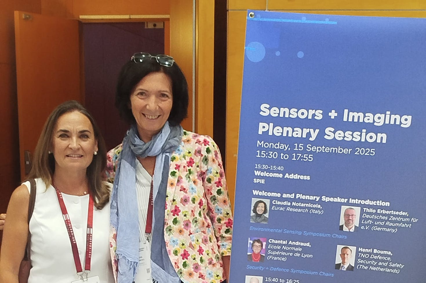 15.09.2025: attending SPIE Environmental Remote Sensing Symposium in Madrid (Spain). María José Polo ( University of Córdoba, Spain) and Claudia Notarnicola (Eurac Research, Italy), just few minutes before the start of the plenary session https://spie.org/spie-sensors-imaging/event/sensors-imaging-plenary-session/7101042